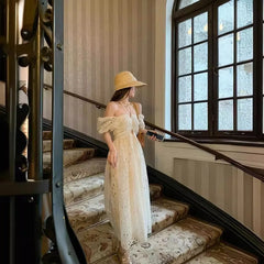 2025 Summer Korean Chic White Midi Dress Women Elegant French Hollow Out Sexy Kawaii Vestidos Fashion Casual Short Sleeve Dress