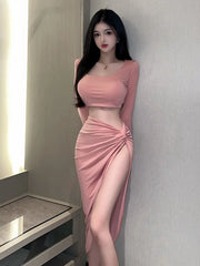 New Fashion Bold Mature Bold Gentle Elegant Sexy Off Shoulder Long Sleeve Open Top High Waist Split Skirt Two-piece Set XVRB