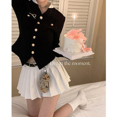 Graduation Gift Black Women's Wool Sweater Cardigan Coat White Pleated Skirt Suit Academic Style Long Sleeve Single Breasted Knitted Sweater