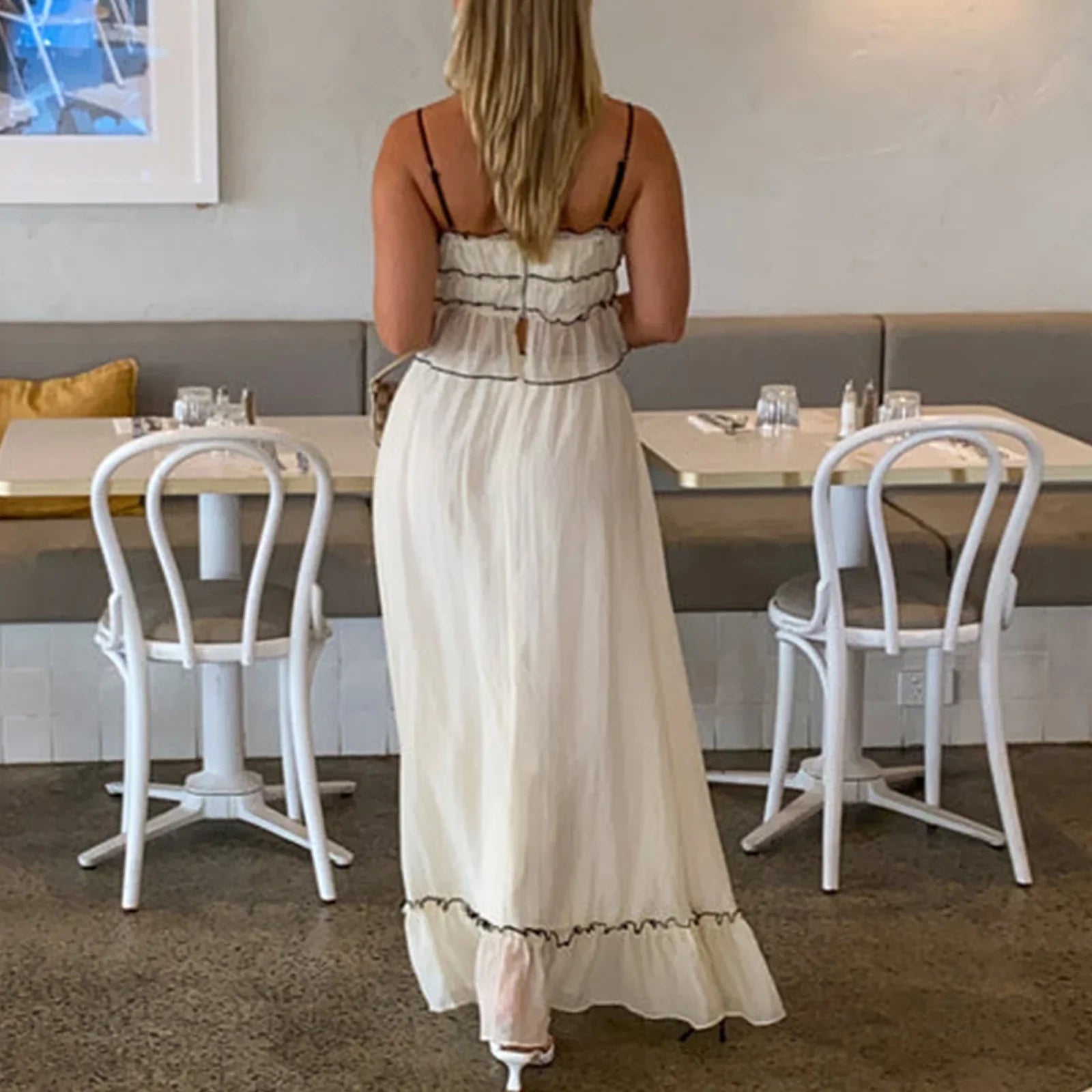 Fairy Vintage Outfits Streetwear Eleganter Urlaub 2-teilig Rüschen vorne zum Binden Crop Top Camis + High Waist A-Linie Maxi langer Rock