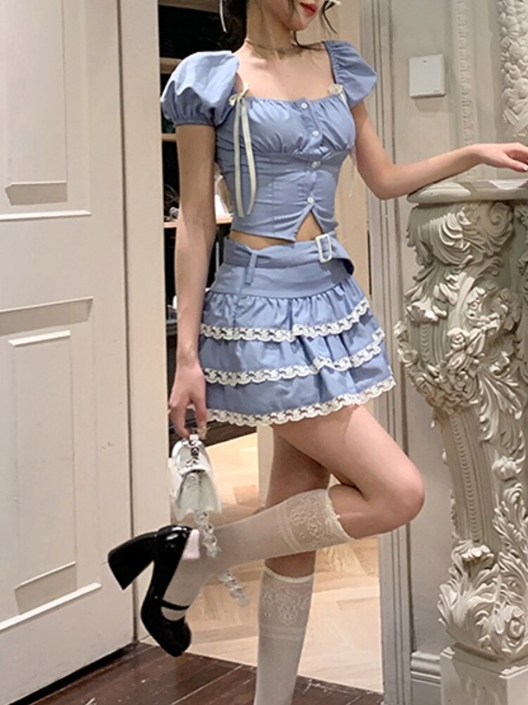 Lolita Kawaii Zweiteiler Frauen Spitze Vintage Süße Kuchenrock Set Weibliche Blase Ärmel Korean Fashion Minirock Anzug 2023 Neu
