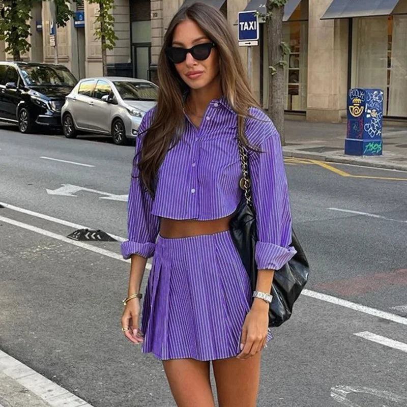 Fashion Blue Striped Print Suit For Women Elegant Long Sleeve Button Crop Tops And High Waist Pleated Skirts 2 Pieces Set