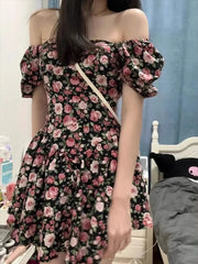 Preppy Wind Sweet Spicy Rose Fragmented Flower Dress For Women's Summer 2025 New French Puff Sleeve Short Skirt With Waist 6OA0