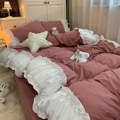 Princess Style Bedding Set No Filling Korean Romantic Ruffles Blue Purple Single Double Queen Size Duvet Cover Sheet Pillowcase