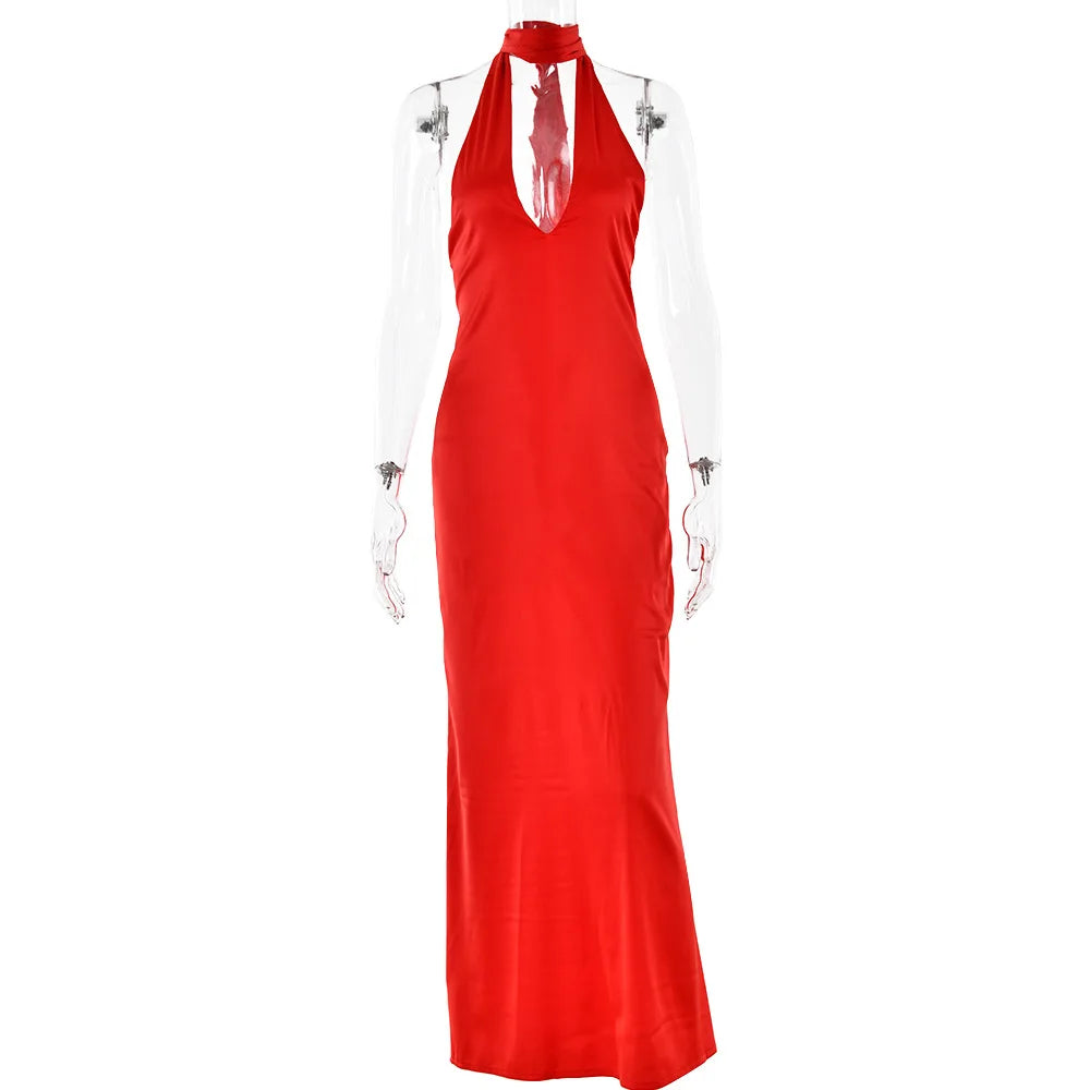 2025 Halter Strap V-Neck Long Dress Women's Sexy Hot Girl Backless Slim Party Dresses Elegant Satin Evening Party Maxi Dress