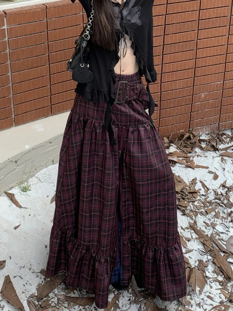Plaid Long Skirt Womens Maxi Skirt 2023 Goth Lolita Low Waist Ladies Front Zip Ruffle Pleated Skirts rok