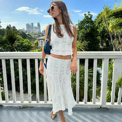 Lace Skirt Suit Women Summer White Slim Sleeveless Crop Tops Ladies Holiday Casual Beach Skirt 2 Piece Set Womens Outfits