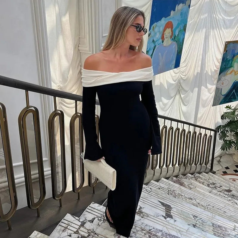 Color Block Off-Shoulder Long Dress Women's Higt Waist Elegant Gown Dress Long Sleeve Splice Bodycon Dress Female Fashion