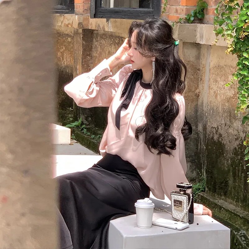 Koreanische Satin Langarm Bogen Top Röcke 2 Stück Set für Frauen Neue Herbst Mode Elegante Abend Party Weibliche Kleidung Anzüge