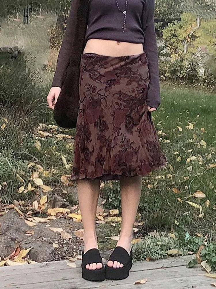 Harajuku Vintage A-Linie Midiröcke Gothic Grunge Ästhetischer Sommerrock mit niedriger Taille Damen Sommer Blumendruck