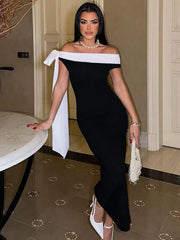 Off-Shoulder Ribbons Maxi Dress Female Fashion Contrast Color Sleeveless Sexy Bodycon Dress Autumn Lady Irregular Dresses
