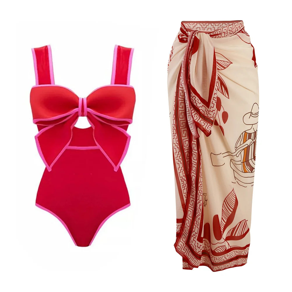 Einteiliger Badeanzug mit passendem Midirock für Frauen 2024 Neue Bademode Weiblicher Monokini-Strandbadeanzug mit Fliege-Dekor