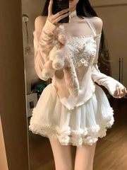 Sweet Butterfly Off Shoulder Long Sleeve Tops Women+ High Waist Ruched Fungus Cake Skirts 2024 Summer New Two Piece Sets