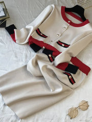 Korean Knitted 2 Piece Set Women Single-breasted Splicing Sweaters + Elastic Skirt Suits Sets Casual Fashion Elegant Outfits