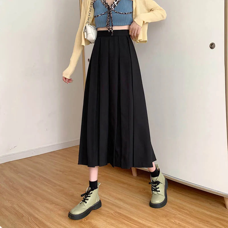 Long Skirt Brown 2024 Summer Korean Fashion High Waist Black Midi Skirt Women Elegant A Line Girls Pleated Skirts Gray Spring