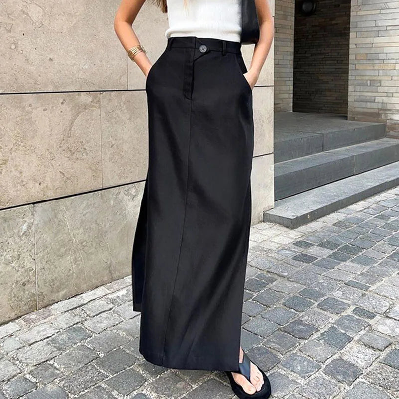 Black Loose Long Skirts Women A-Line Zip Skirts Ladies Elegant Summer Skirts Female With Pocket Ankle-Length Skirts