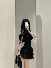 Fashion Off Shoulder Sleeveless Halter Black Tops Women+ Y2k E-Girl High Waist Ruched Skirts 2024 Summer New Two Piece Sets