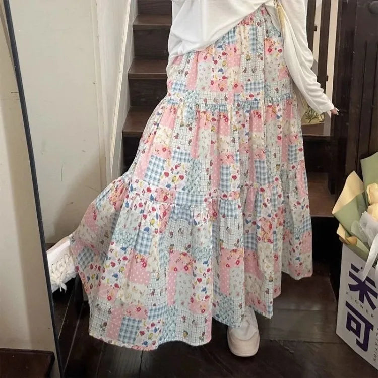 Korean Sweet Patchwork Floral A-line Skirt for Women Y2k High Waist Skirts 2024 Summer New Loose Mid-length Faldas Mujer