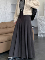 Grey Long Skirts Womens Maxi Skirt 2023 Autumn Winter Woolen Skirt Goth Lolita High Waist Ruffle Pleated Skirts