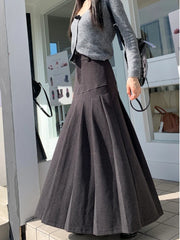 Grey Long Skirts Womens Maxi Skirt 2023 Autumn Winter Woolen Skirt Goth Lolita High Waist Ruffle Pleated Skirts