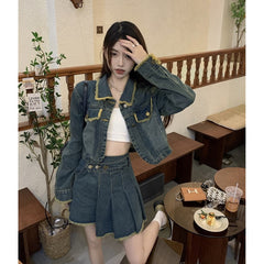 Damen Blaue Jeansjacke Oberbekleidung Einreihig Polokragen Mode Vintage Freizeit Kurzmantel Oberteile Unregelmäßiger Kurzrock Anzug