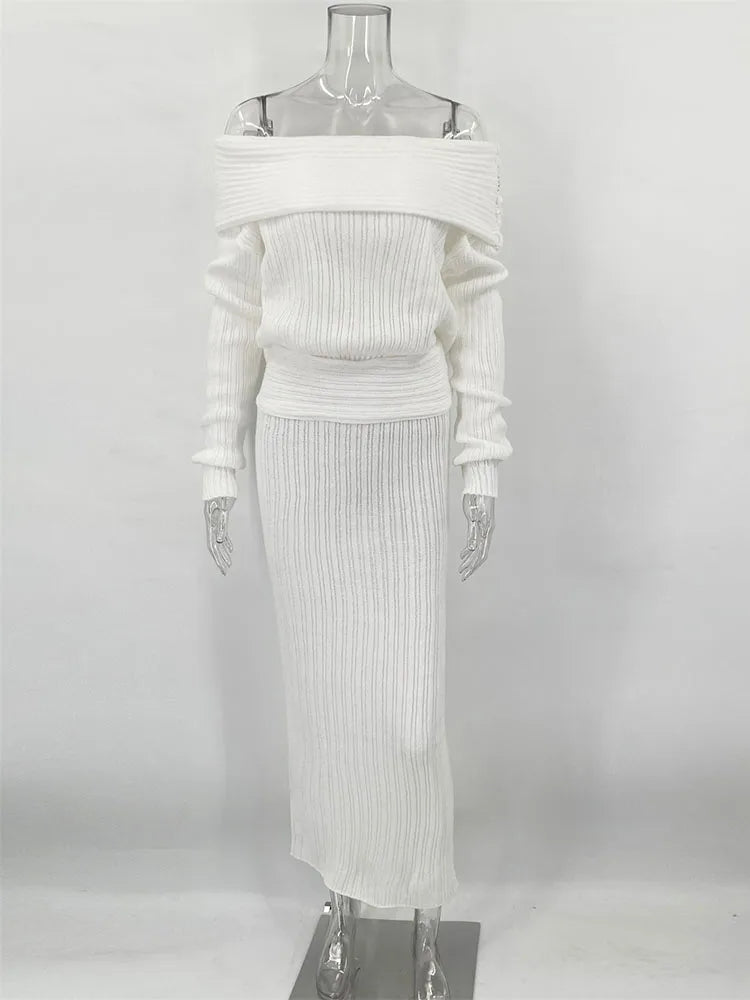 Knitted Skirt 2 Piece Set Women's One-Shoulder Long Sleeves Sweater Pullover Elegant Slim Fit Long Skirt Suit Autumn New