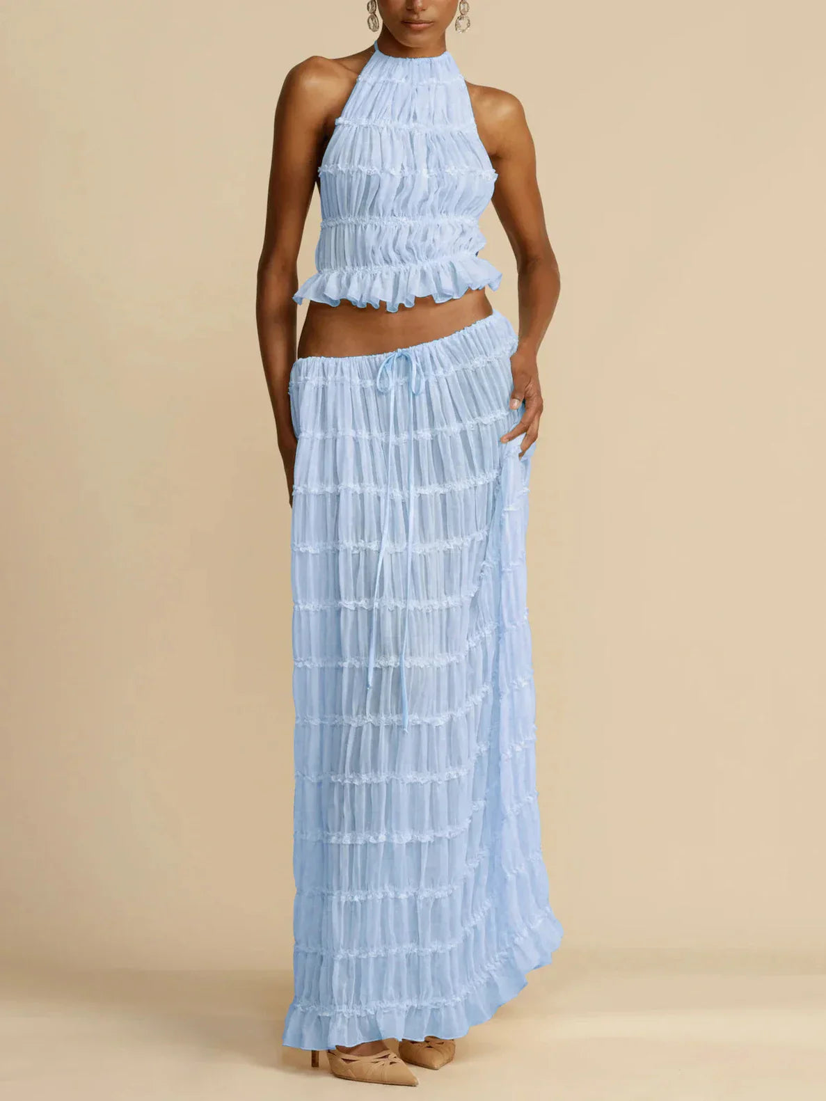 Sexy rückenfreier Neckholder-Riemchen-Plissee-Spitzenweste mit langem Rockanzug für Frauen, Netz-Spleiße, solide Sommer-Strandparty-Outfits