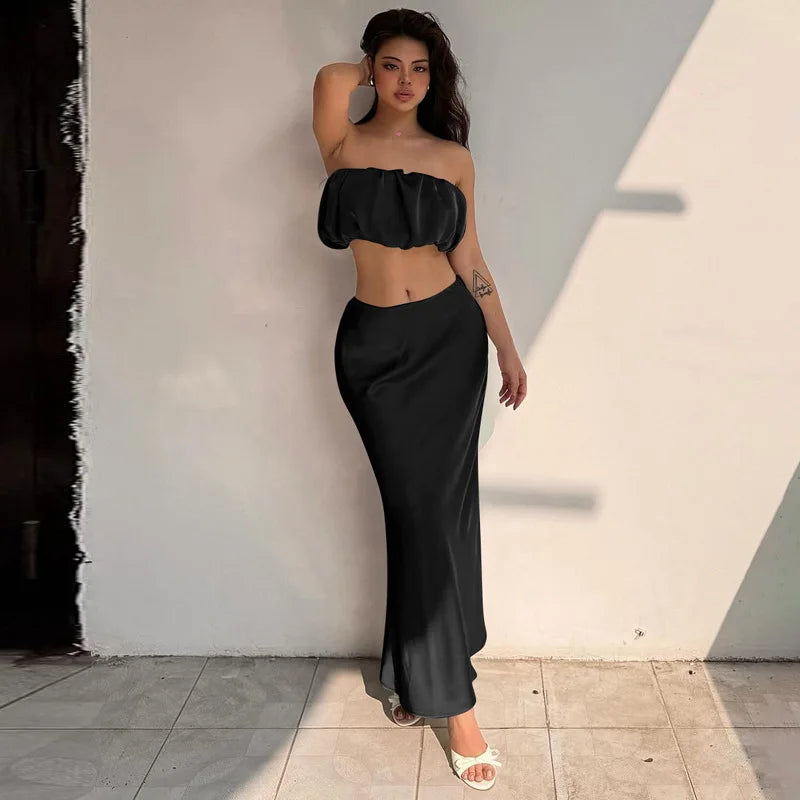 Ein-Schulter-Träger Crop Top Schlank Rock Anzug Für Frauen Sexy Satin Top Solide Langen Rock Weibliche Party Sommer Zwei Stücke Set