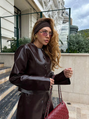 Fashion O-neck Pu Leather Jacket 2 Piece Sets For Women Elegant Mini Skirt Single Breasted Coat Suit Autumn New Street Outfits