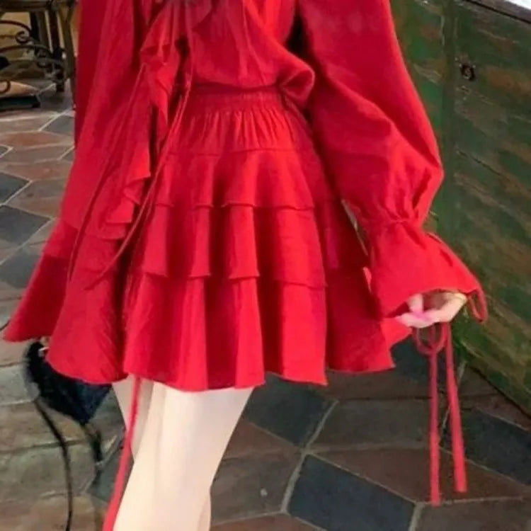 Elegant V-neck Ruffles Long Sleeve Tops Women+ Y2k E-Girl High Waist Ruched A-line Skirts Spring New Red Two Piece Sets