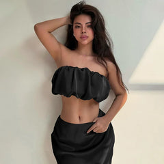 Ein-Schulter-Träger Crop Top Schlank Rock Anzug Für Frauen Sexy Satin Top Solide Langen Rock Weibliche Party Sommer Zwei Stücke Set