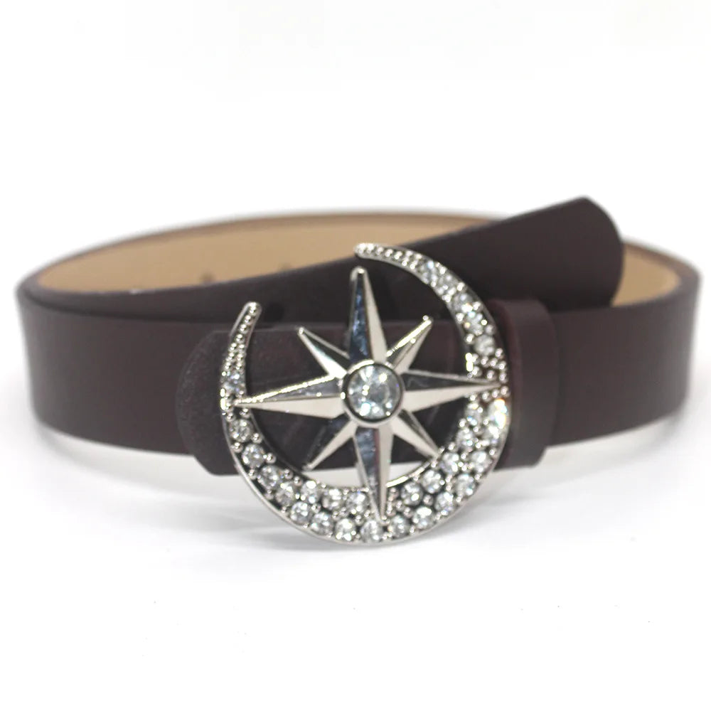Goth Luxusmarke Neues PU-Leder mit Diamanten eingelegt Sternenmond Knopfkopfgürtel für Damen Jeansrock Punk Y2k Accessoires