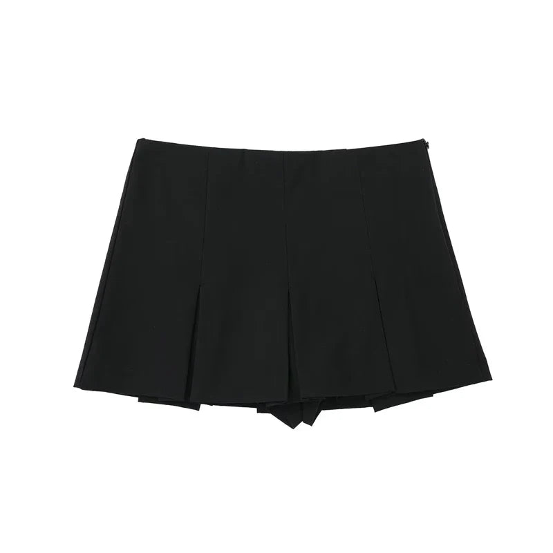 Grey Wide Pleated Mini Shorts Skirts High Street Stripe American Retro Solid Vintage Blogger Sexy  Woman
