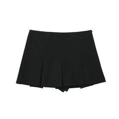 Grey Wide Pleated Mini Shorts Skirts High Street Stripe American Retro Solid Vintage Blogger Sexy  Woman