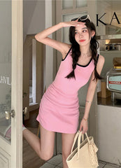 Pink Sweet Girl Knitted U-neck Tank Top Pleated Dress Women's Korean Style Summer Slim Fit Wrap Hip Contrast Short Skirt O4ZZ