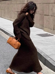 Koreanischer gestrickter 2-teiliger Rock-Set für Damen mit V-Ausschnitt, Pullover, Fischschwanz, Midirock, lässige Mode-Outfits für Herbst und Winter
