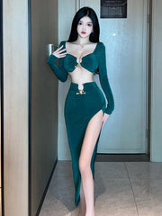 Unterwäsche Neue Sexy Trägerlosen Langen Ärmeln Ausgehöhlt Lange Zwei Stück Rock Set Bandage Off Schulter Top Mode Süße HS88