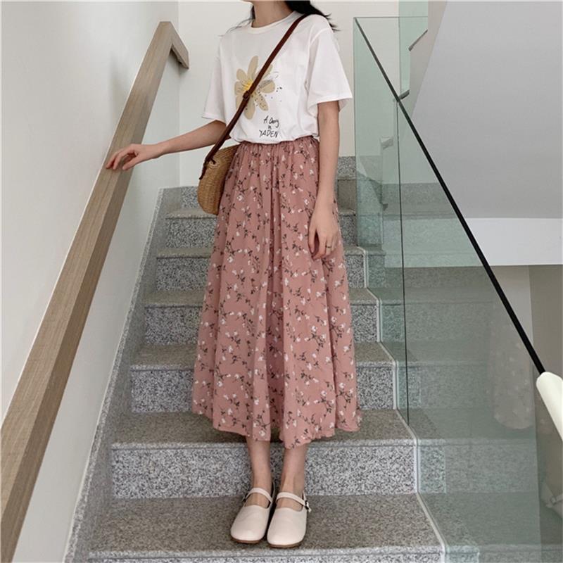 Zurück zum College Vintage Blumendruck A-Linie Plissee Lange Röcke Sommer Damen 2024 Koreanischer Rock Streetwear Kordelzug Elastische Taille Midirock 