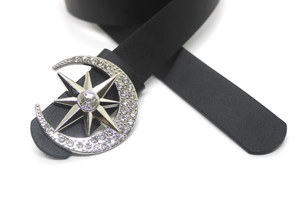 Goth Luxusmarke Neues PU-Leder mit Diamanten eingelegt Sternenmond Knopfkopfgürtel für Damen Jeansrock Punk Y2k Accessoires