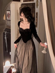 Französische Vintage Abend- und Partykleider für Frauen, Langarm, Samt, Patchwork, Mesh, A-Linie, Herbst, neues Einteiler, Midi, Vestidos Mujer
