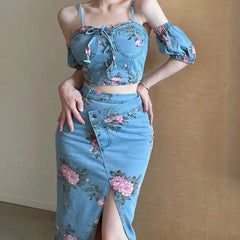 Spring Outfit Korean Summer Denim Three-piece Women's New Slimpuff sleeve  + Small Sling + High Waist Half-length Bag Hip Skirt Suit