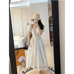 2025 Summer Korean Chic White Midi Dress Women Elegant French Hollow Out Sexy Kawaii Vestidos Fashion Casual Short Sleeve Dress