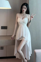 2025 Summer Women's New Sexy Sweet Irregular swing Swallowtail Slim sling Mid length Purity fashion Solid Color Dress ILGM