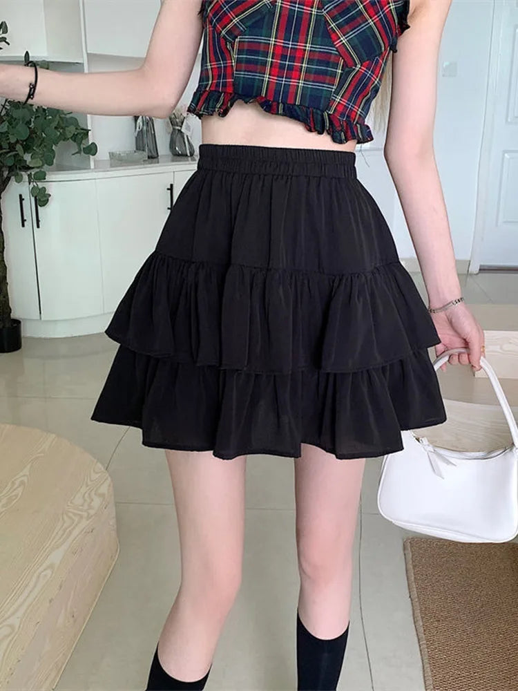 Plissee A-linie Rock Weiß Frauen Rüschen Süße Hottie Adrette Elastische Elastische Taille Schlank Dünn SimpleCasual Sommer Großhandel