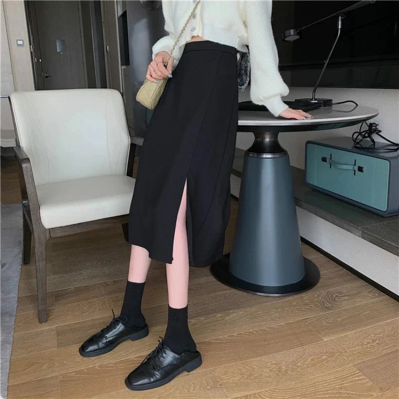 Schwarze Röcke Frauen Mitte der Wade College A-Linie Hohe Taille Koreanischen Stil OL Alle-Spiel Freunde Streetwear Chic Weiblichen Boden