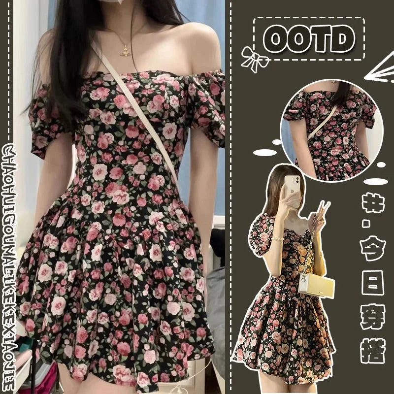 Preppy Wind Sweet Spicy Rose Fragmented Flower Dress For Women's Summer 2025 New French Puff Sleeve Short Skirt With Waist 6OA0