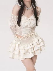 Zweiteiliges Set für Damen, Sommer, süß, elegant, Kuchen-Minirock-Set, Vintage, französischer Kawaii-Rock, weibliche Langarm-Bluse mit schmaler Spitze und Schleife