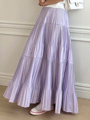Pleated Maxi Skirt Women Korean Fashion Elegant Solid Color A Line Skirts Ladies Autumn Casual Loose Elastic Waist Long Skirt