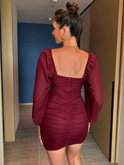 Elegant Party Dress Women Autumn V-Neck Puff Sleeve Bodycon Pleated Sexy Mini Dresses Ladies Vintage Outfits Vestidos