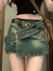 Amerikanischer Retro-Jeansrock im Used-Look für Damen, Hot Girl, unregelmäßiger A-Linien-Hüftrock mit weitem Bein, amerikanischer Retro-Y2k-Rock